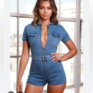 Oh Polly Play Date Belted Denim Playsuit